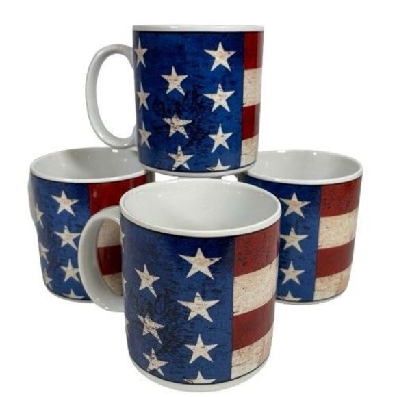 4 Colonial American Flag Patriotic Coffee Cup Mugs 1997 Sakura Warren Kimble USA - Picture 1 of 11